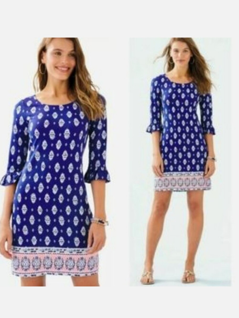 Lilly Pulitzer Sophie Ruffle Glow Up Blue Printed Mini Dress with Pink Border